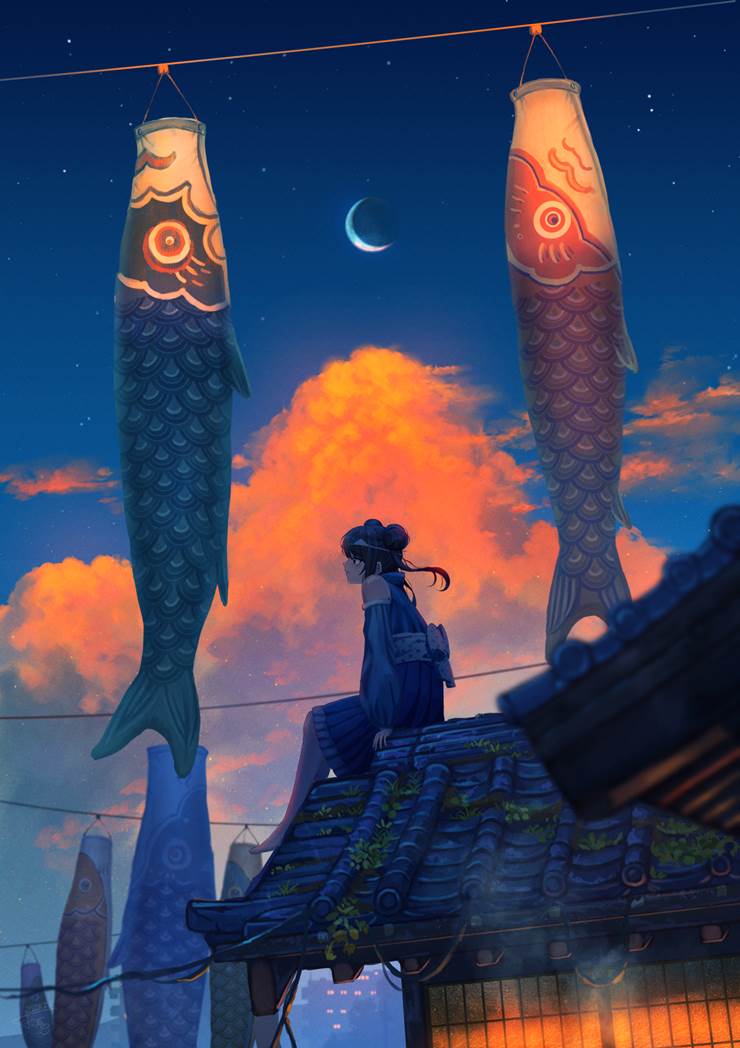 风景, 女孩子, 插画, 夕阳, sky, Japanese-style house, 积雨云, 傍晚