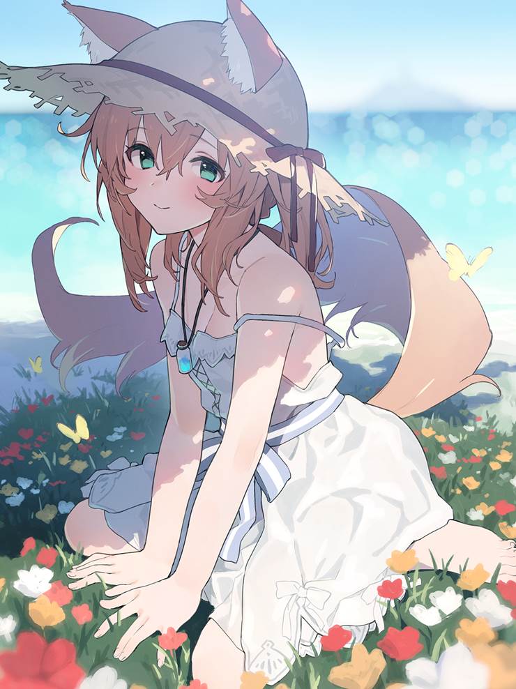 原创, animal ears, 女孩子, 赤脚, 白色连衣裙, camisole dress, 鸭子坐, strap slip, 原创3000收藏
