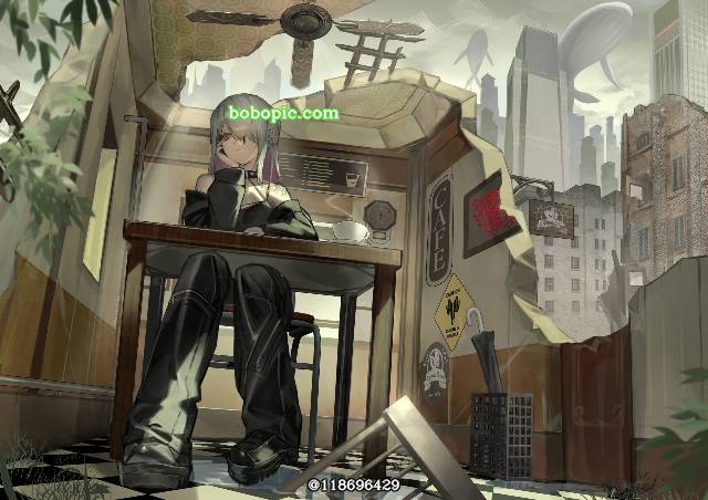 一张小女孩,废墟,风景绘画图片