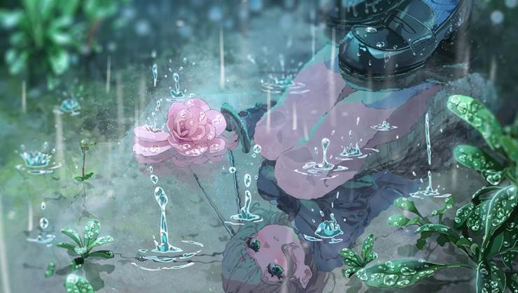rain, 伞, reflection pool, 女孩子, camellia