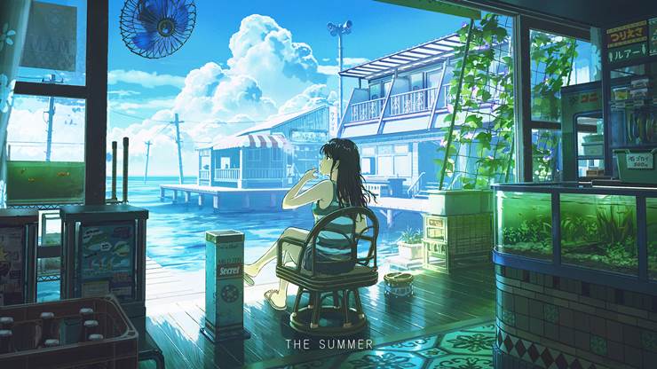 一张风景,夏天,小女孩,积雨云,水上建筑绘画图片