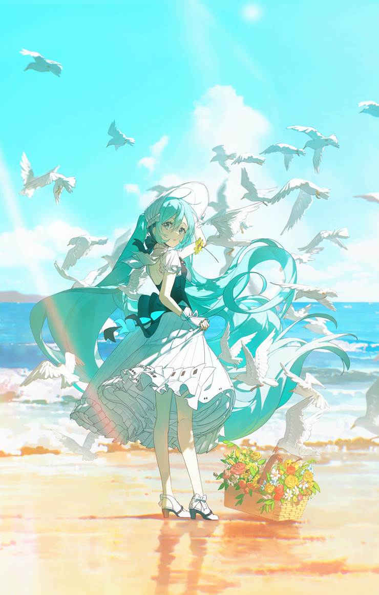 VOCALOID,初音未来,小女孩,提起裙摆,海滩图片