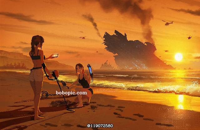 一张金属探知机,夕阳,海,风景,宇宙船,直升机,女性绘画图片