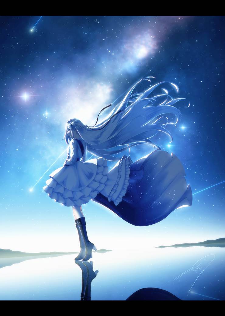 原创, 风景, fantasy, 女孩子, starry sky, reflection pool, 银河, 插画, 流星