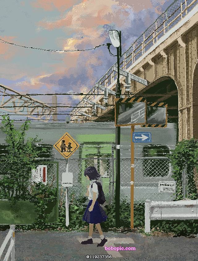 一张小女孩,电车,归路,风景绘画图片