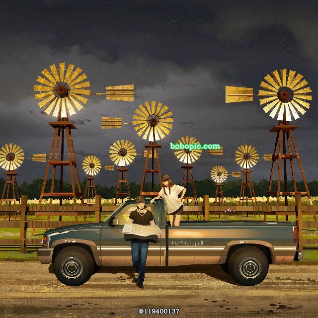 一张Chevrolet,风景,车,夕方,傍晚,风车绘画图片