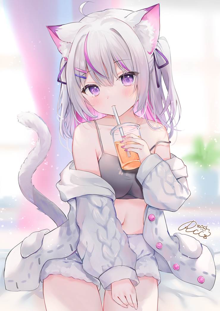 girl, cat ears, animal ears, loungewear, kawaii, belly, bellybutton, Virtual YouTuber 5000+ bookmarks