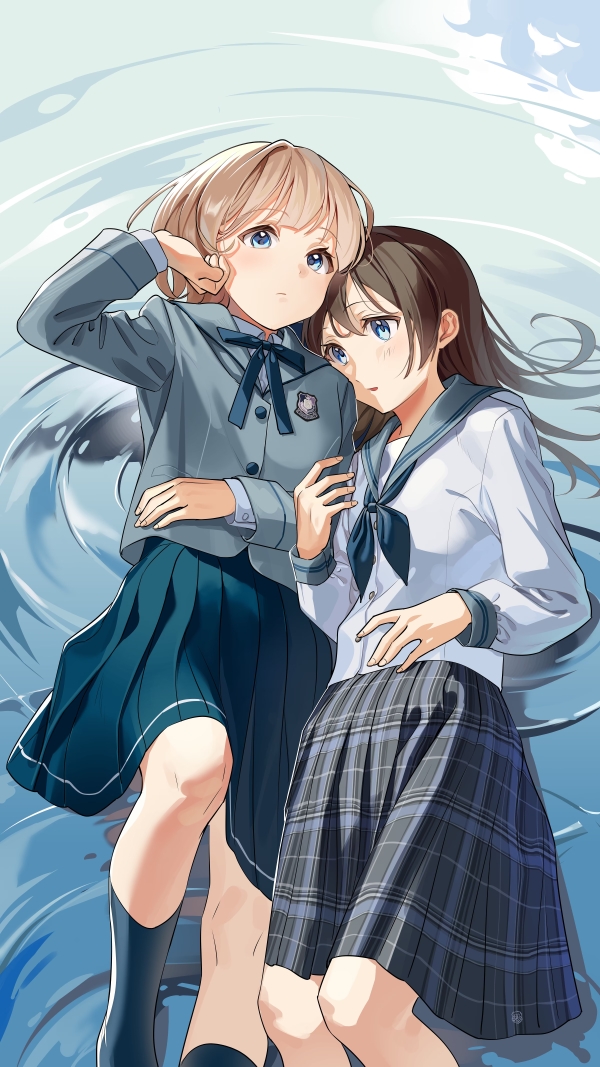 女高中生, 女孩子, 水手服, sea, 金发, 黑发, yuri