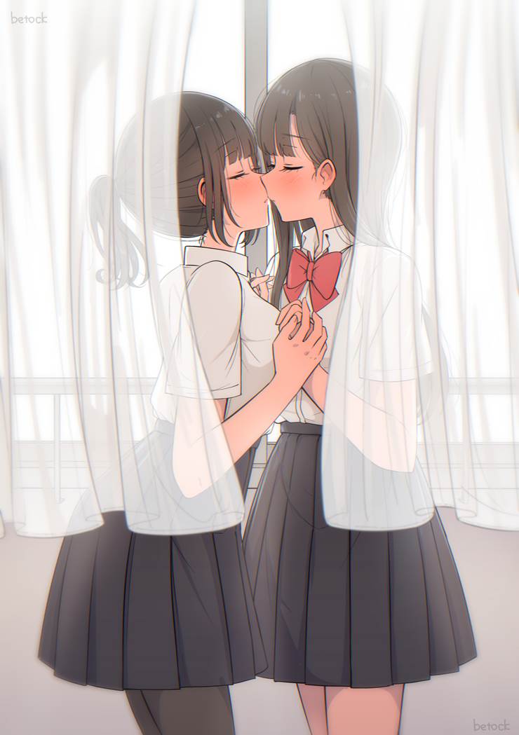 original, girl, lesbian kiss, yuri 1000+ bookmarks, original 1000+ bookmarks, yuri, high school student, uniform, curtain
