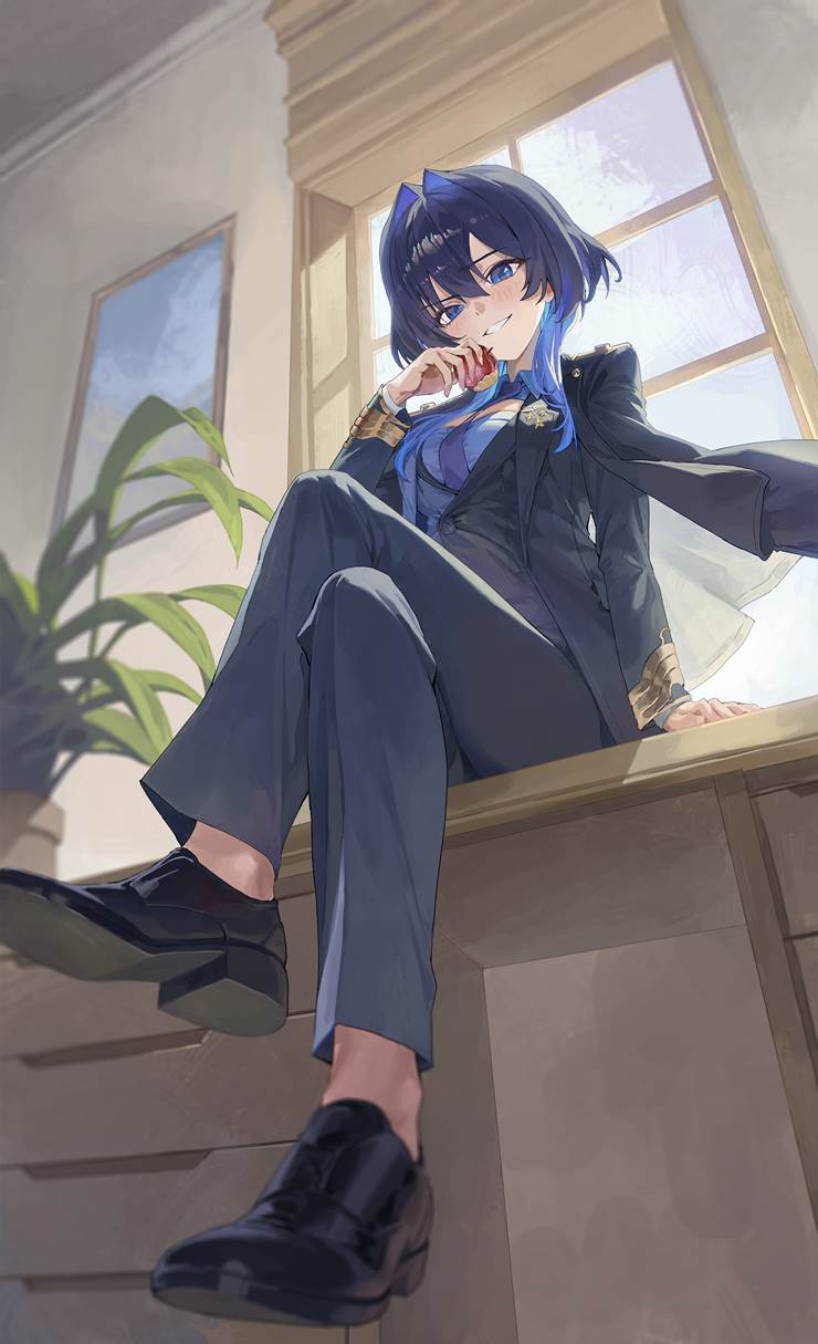 Ouro Kronii, Hololive, Virtual YouTuber 1000+ bookmarks, girl in suit, 跷二郎腿, shoe sole