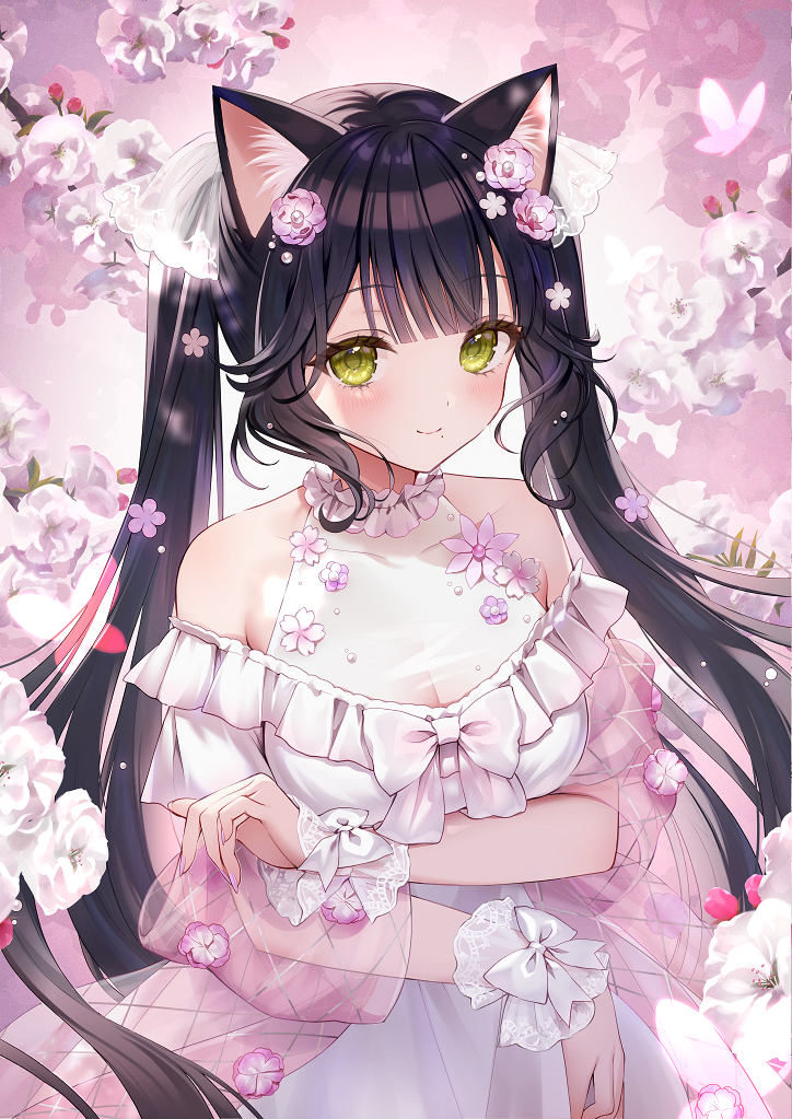 原创, 兽耳, cat ears, 我家孩子, 女孩子, 原创1000users加入书籤, 双马尾, 黑发, 花和女孩子