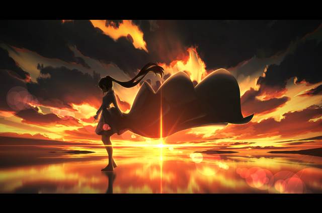 插画, 原创, 风景, fantasy, reflection pool, 女孩子, 夕阳