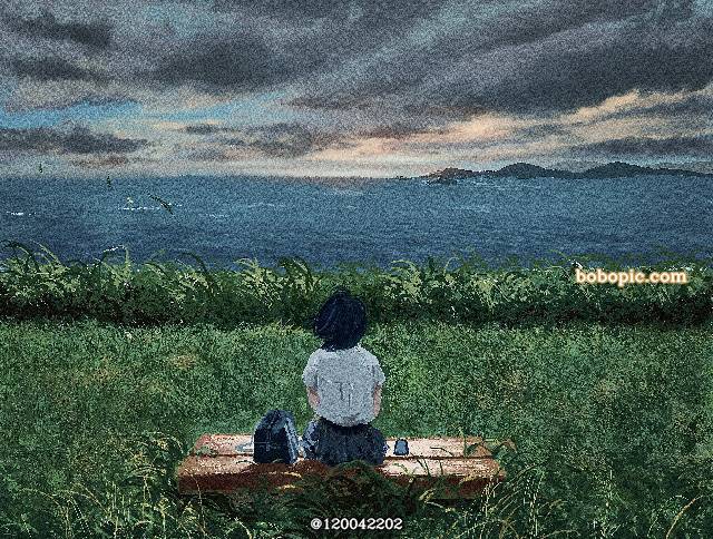 一张风,小女孩,后背,黄昏,风景绘画图片