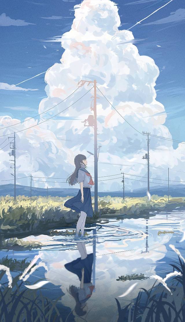 原创, 原创, 女孩子, water surface, reflection, 夏天, sky, 积雨云, uniform, barefoot school uniform