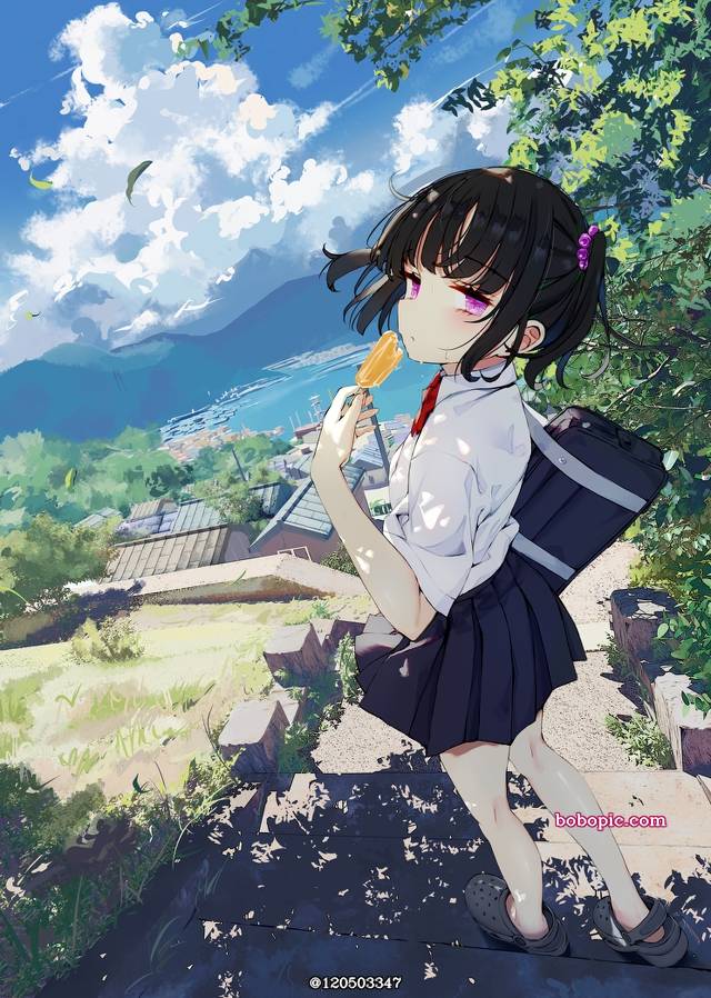 一张黑发,积雨云,海,JK,制服裸足绘画图片