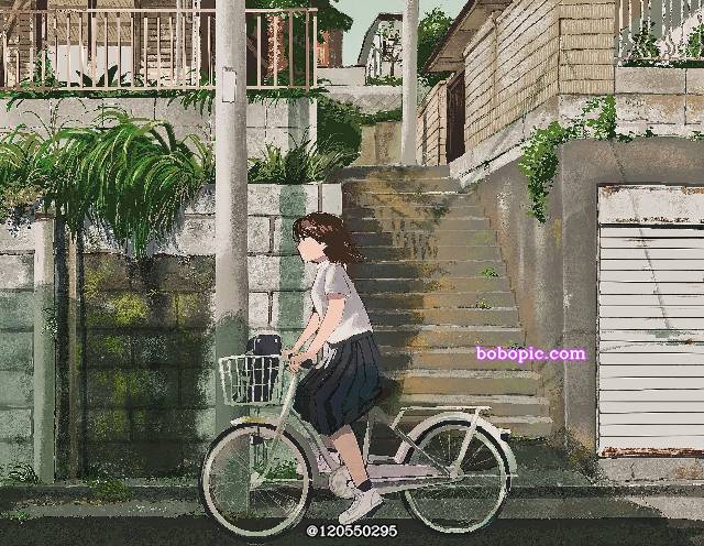 一张住宅街,小女孩,自行车,住宅区,自转车,风景绘画图片