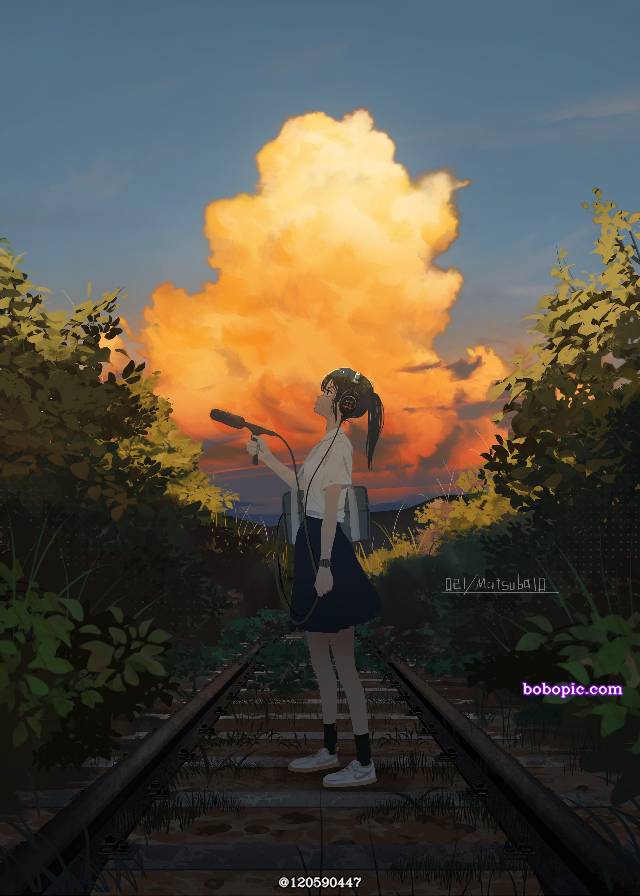 一张夏天,废线,积雨云,风景,积乱云,小女孩绘画图片