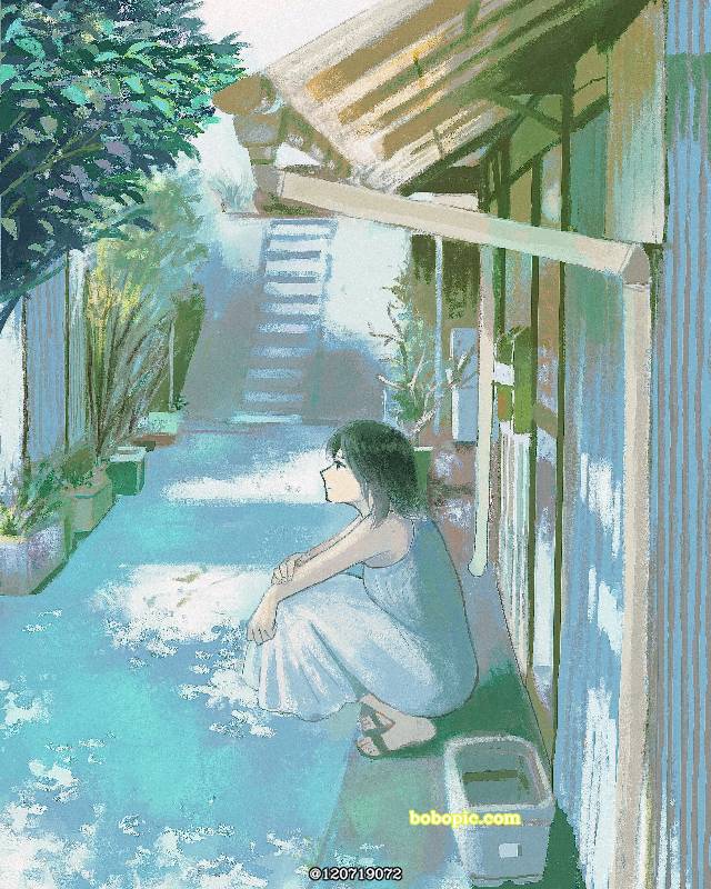 一张小女孩,夏天,风景绘画图片