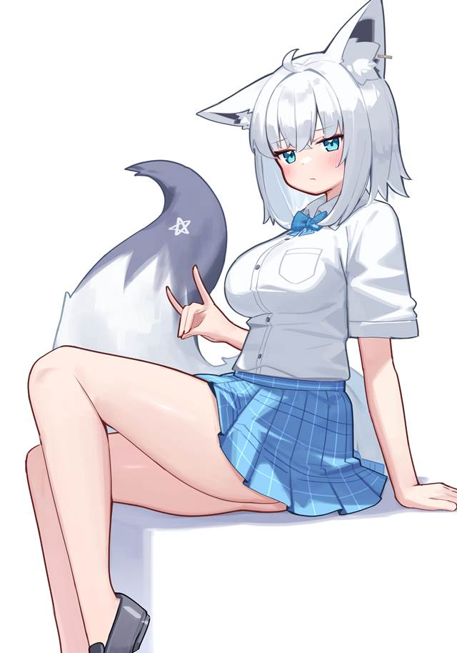 虚拟主播, Hololive, 白上吹雪, 白上吹雪同人, 兽耳, 尾巴, 大腿, 女校学生