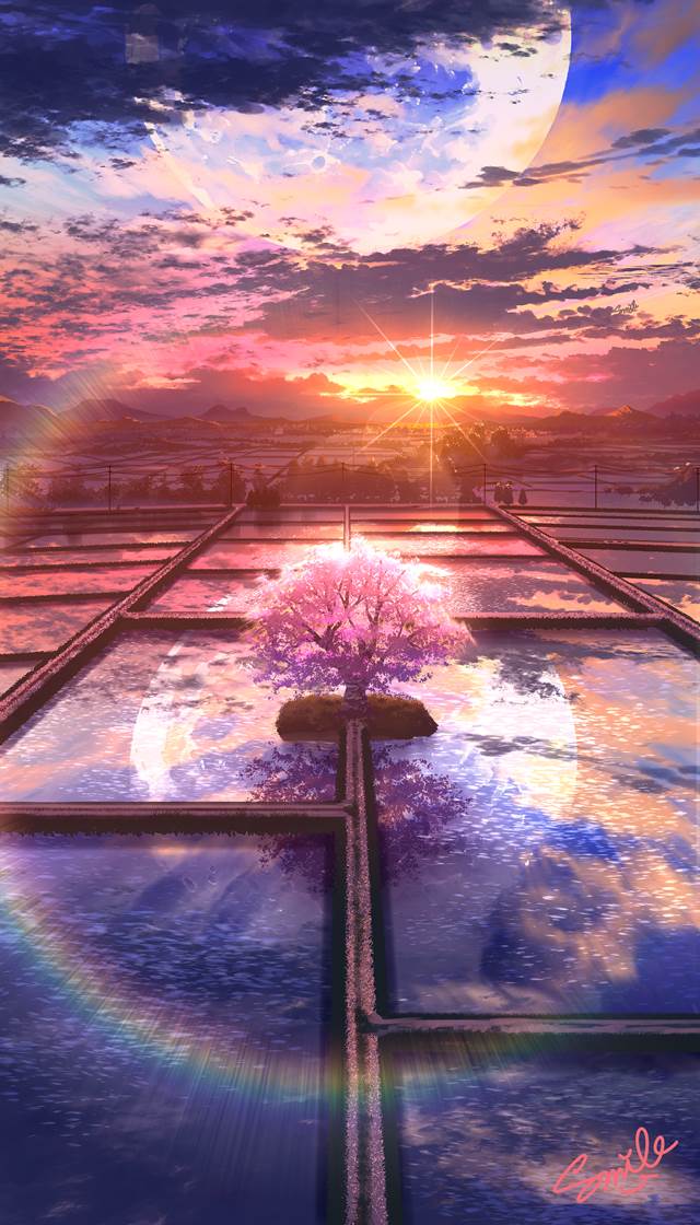 风景, background, sky, 夕阳, 原创, moon, 樱, fantasy, 奇幻, reflection pool