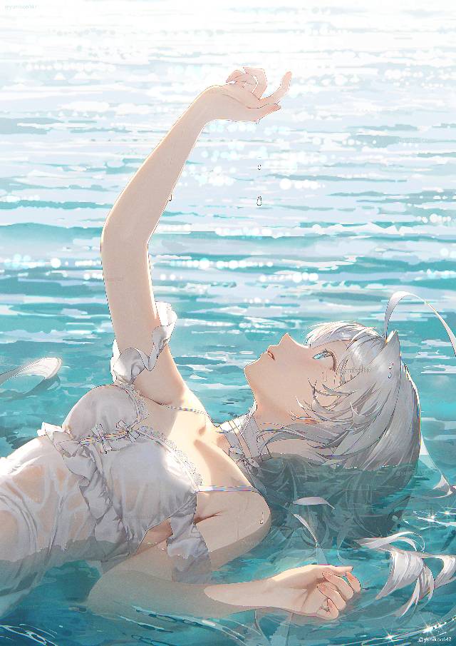 original, girl, white hair, creation, summer, sea, water surface, long white hair, original 1000+ bookmarks