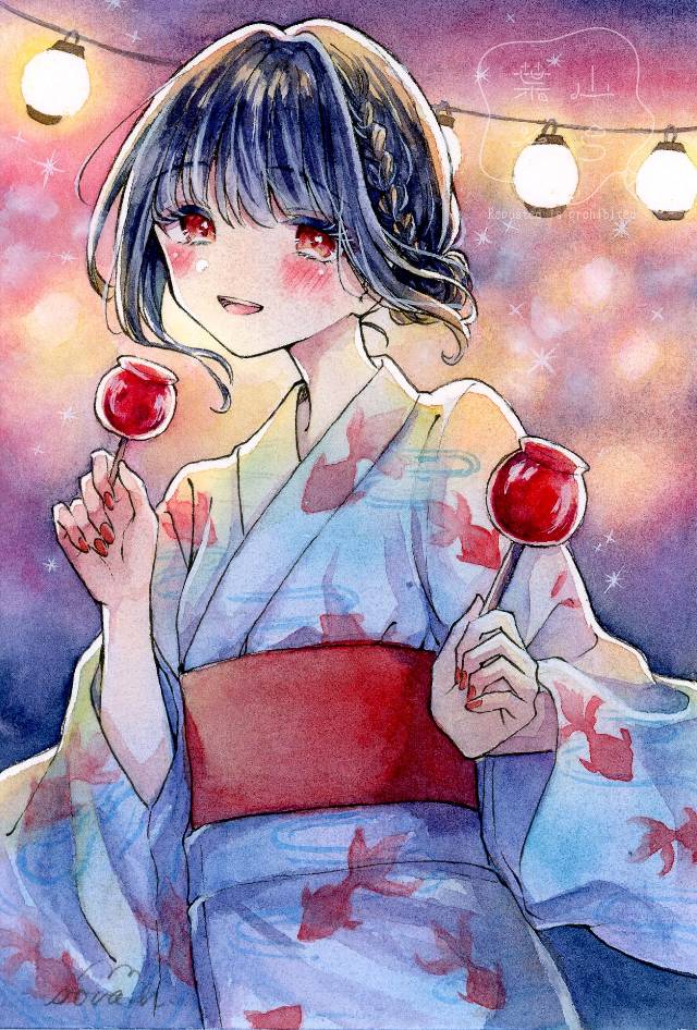 原创, 原创, 女孩子, yukata, 插画, transparent watercolor, kimono, 苹果糖, 祭典, 手绘
