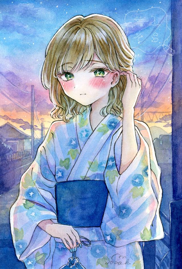 原创, 女孩子, 原创, 手绘, transparent watercolor, yukata, 和服, 黄昏