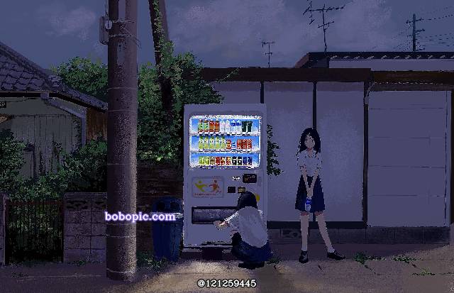 一张小女孩,自贩机,风景绘画图片