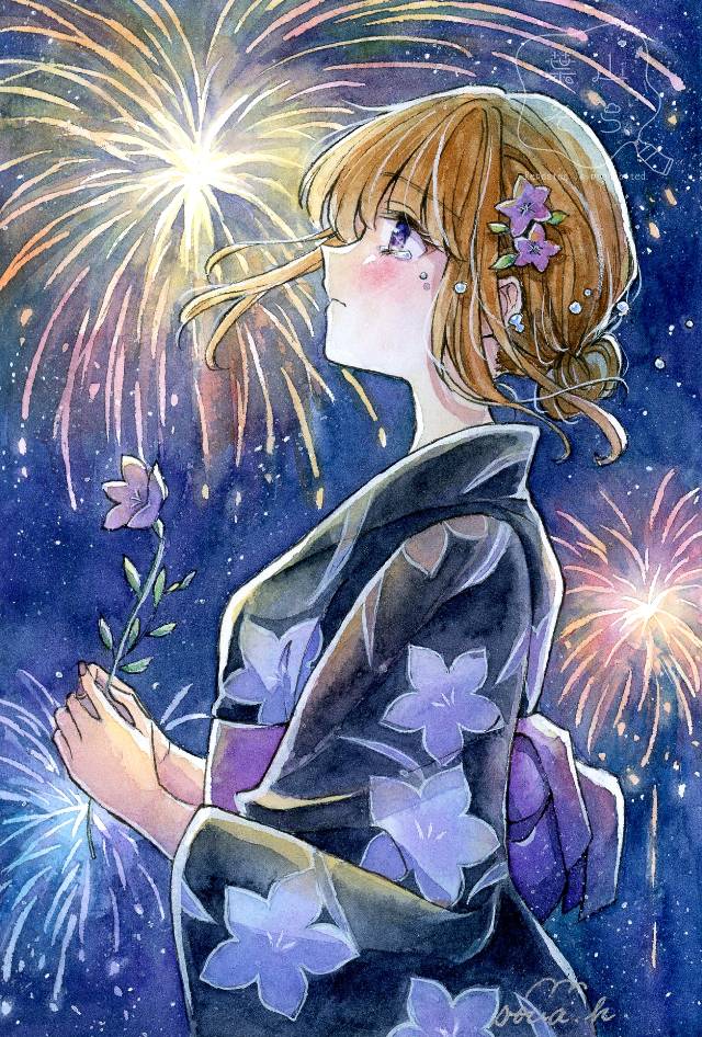 女孩子, 原创, 插画, transparent watercolor, 手绘, 焰火, summer festival, yukata