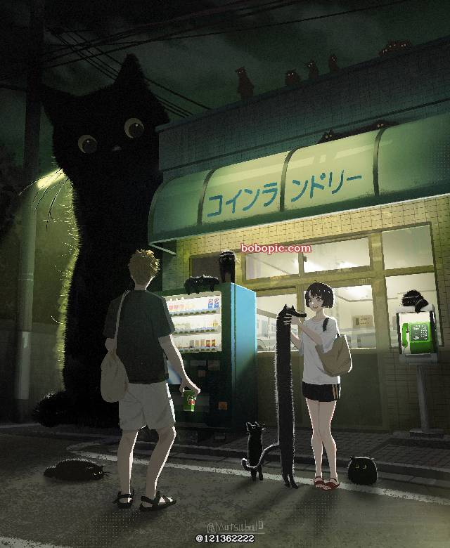 一张自助洗衣店,猫,风景,公衆电话,Longcat,自动贩卖机绘画图片