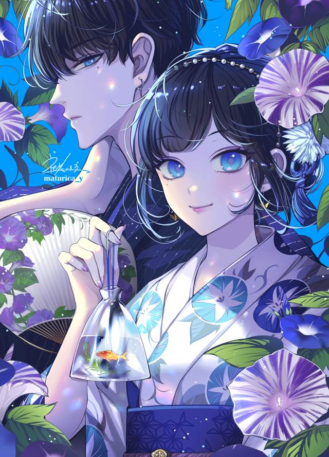 原创, 女孩子, 黑发, yukata, guy, 花和女孩子, 原创, 原创男女角色