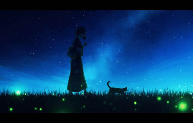 原创, 插画, 风景, fantasy, 女孩子, yukata, firefly, cat