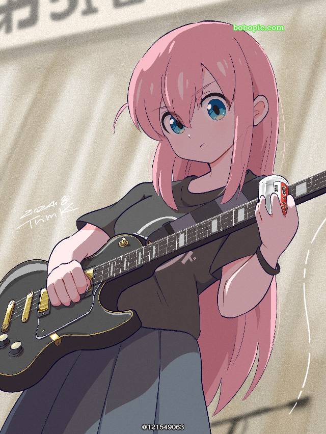 小波奇, Bocchi the Rock!, 吉他, 乐器, 结束乐队, 粉色头发, T恤, 孤独摇滚！