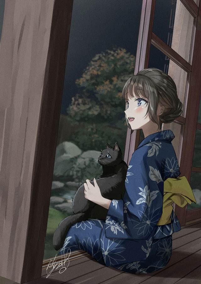 原创, 女孩子, cat and girl, yukata, 夏天, Original 500+ bookmarks