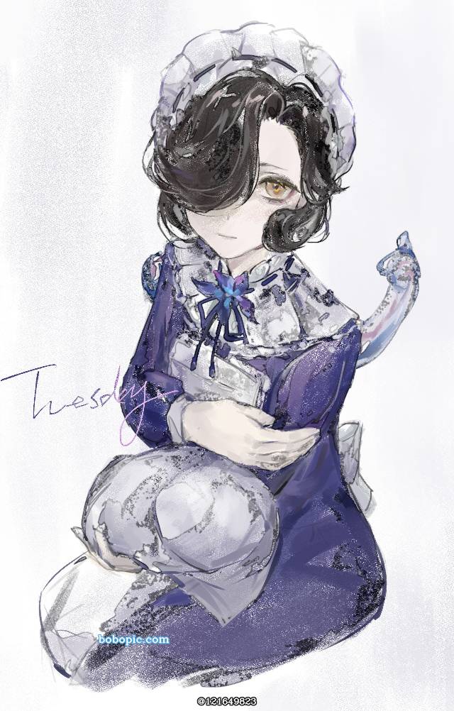 一张黑发,女仆装,十四行诗绘画图片