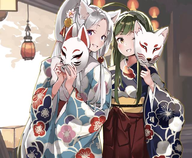 festival, Tohoku Zunko, 东北潮来, mask, fox mask, embarrassed face, kimono, yukata