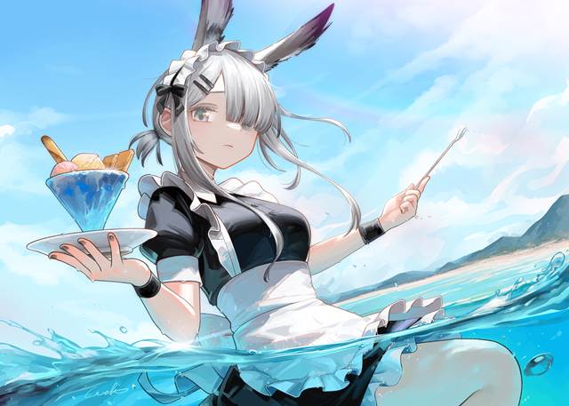 霜星(明日方舟), Arknights, Frostnova, 明日方舟, 女仆装, partially in water, 兽耳, one eye covered