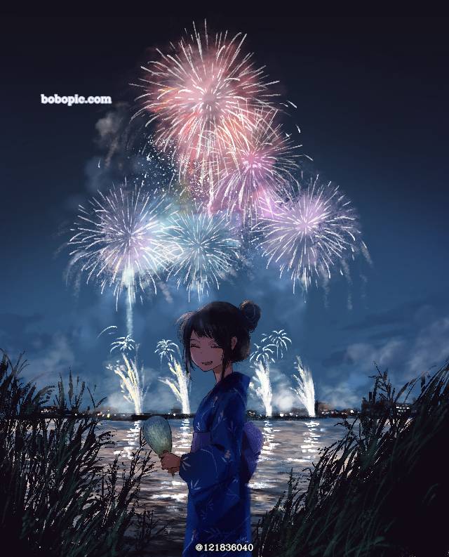 一张花火,小女孩,夏日祭,焰火,风景绘画图片