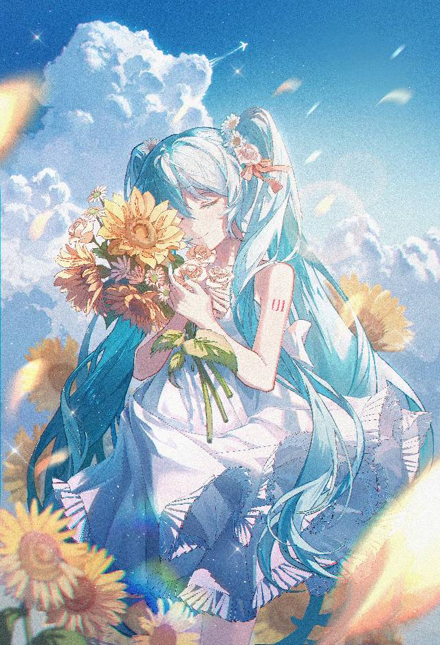 一张天空,Miku,初音未来与花,初音未来,少女绘画图片