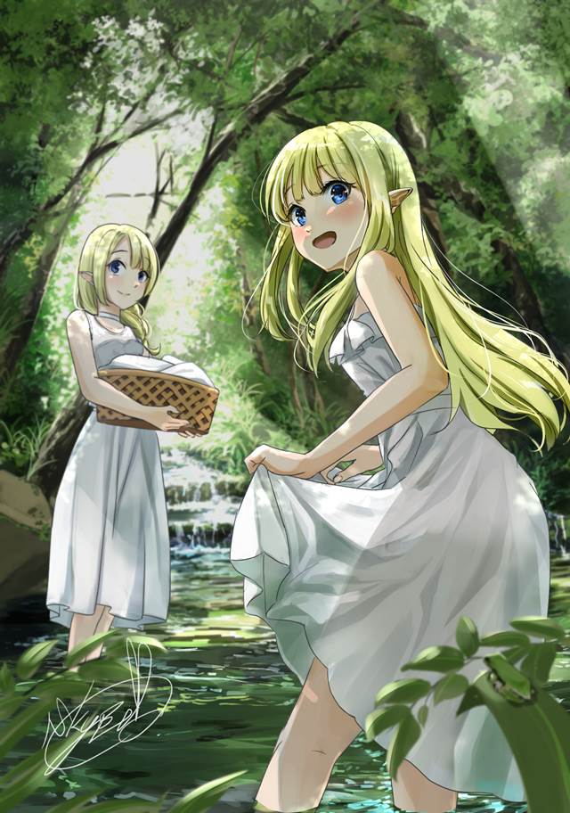 girl, original, blonde hair, elf, white dress, forest