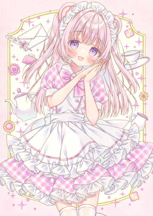 girl, original, two-side up, pink hair, traditional, copic