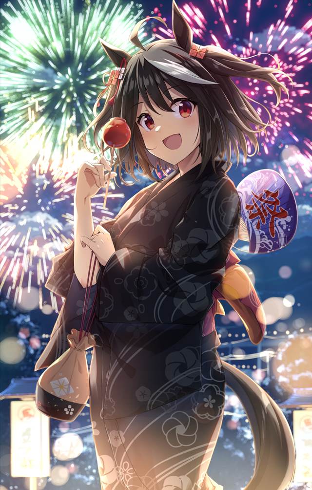 Kitasan Black (Uma Musume), horse girl, fireworks display, yukata, candy apple, Uma Musume Pretty Derby
