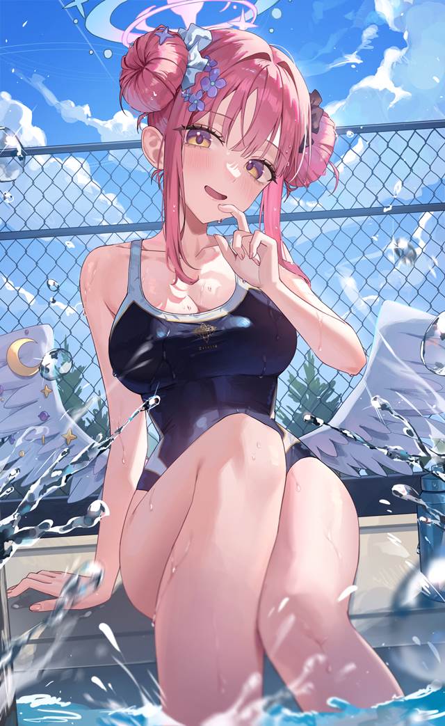 碧蓝档案, Mika Misono, 泳装, 学生泳衣, 团子头, poolside, competitive school swimwear, Blue Archive 1000+ users