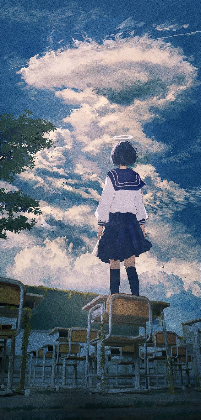 原创, 原创, 女孩子, 水手服, 积雨云, background, 风景, 夏日天空, school