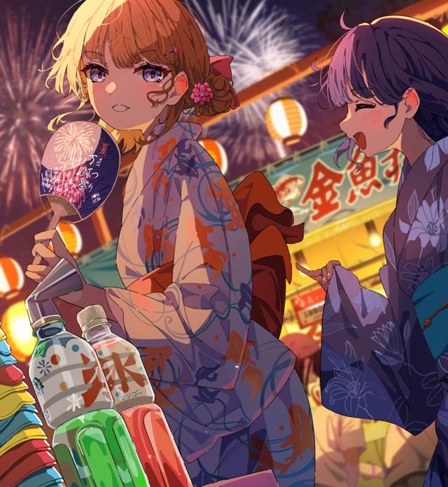 原创, 女孩子, yukata, summer festival, 焰火