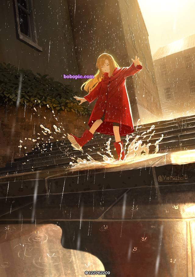 一张雨,长靴,雨衣,少女,风景,小女孩,雨合羽,天气雨绘画图片