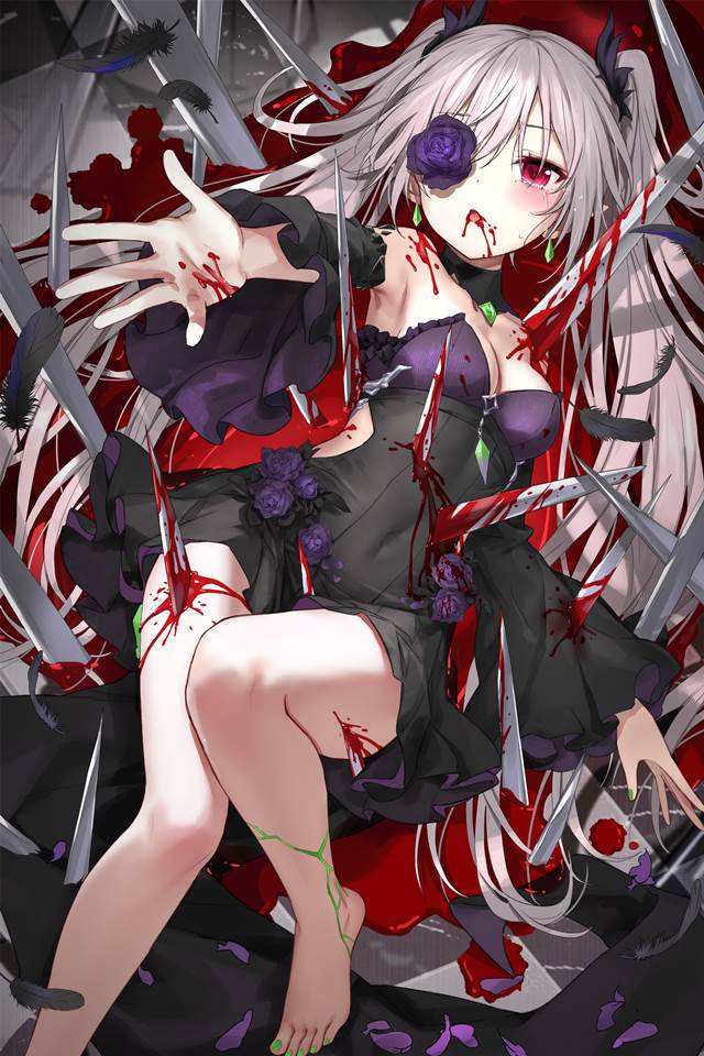 银发, 双马尾, young girl, 女孩子, 哥特萝莉, gothic, Ryona, blood, bloody, 眼泪