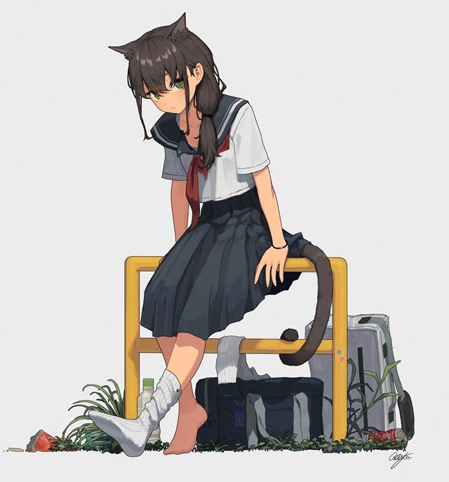 原创, 女孩子, cat ears, uniform, 水手服, barefoot school uniform