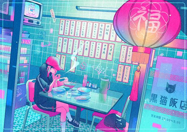 原创, 女孩子, 中华, China, paper lantern, 复古, neon, jersey, 黑猫, 赛博朋克