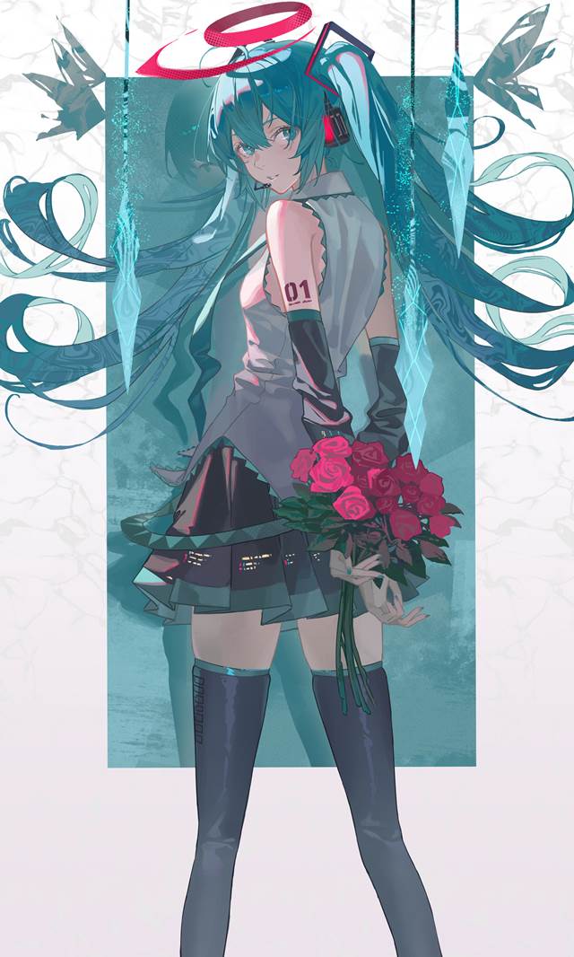 illustration, painting, young girl, 初音未来, twin pig tails, Hatsune Miku, Vocaloid